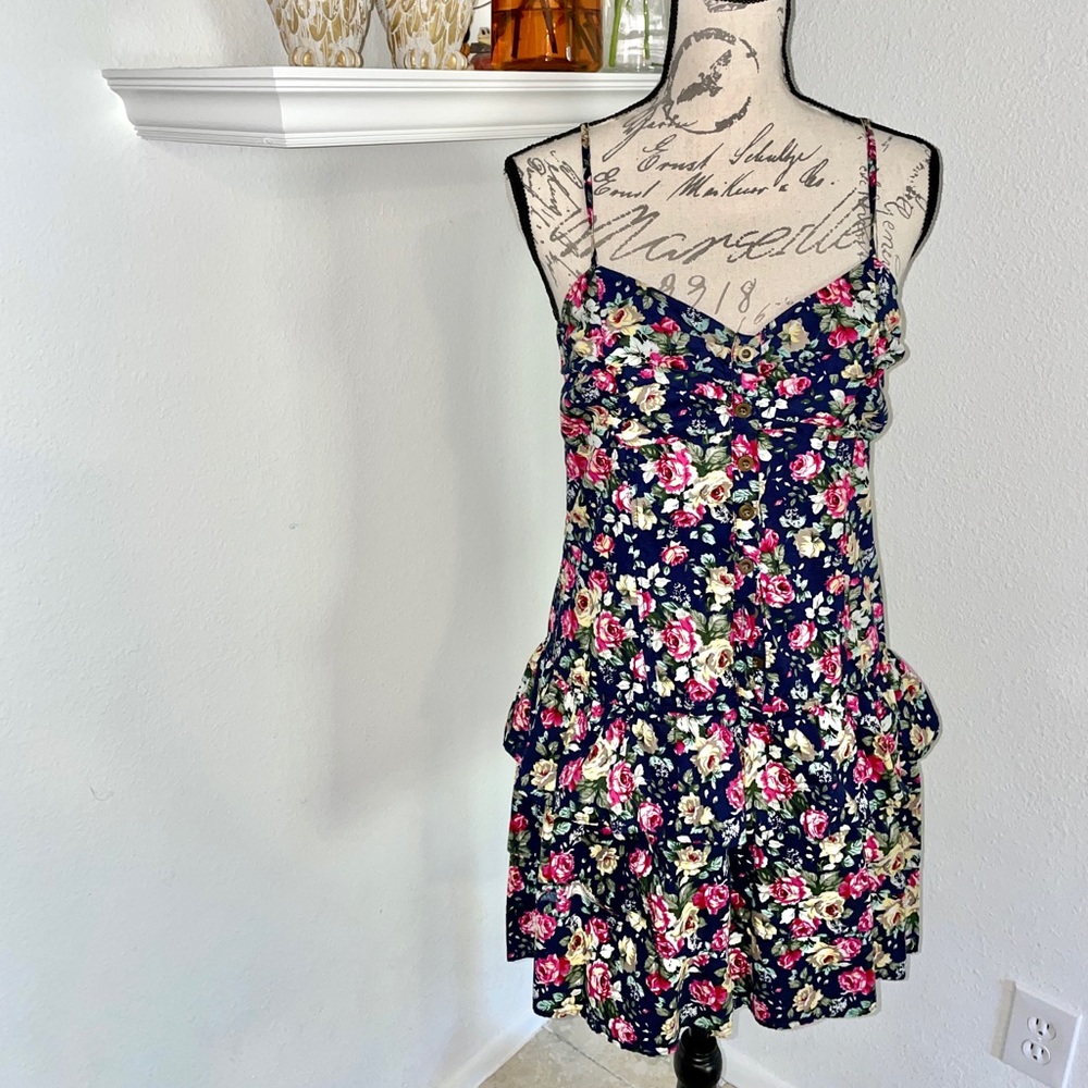 *Navy Floral dress buttons at front